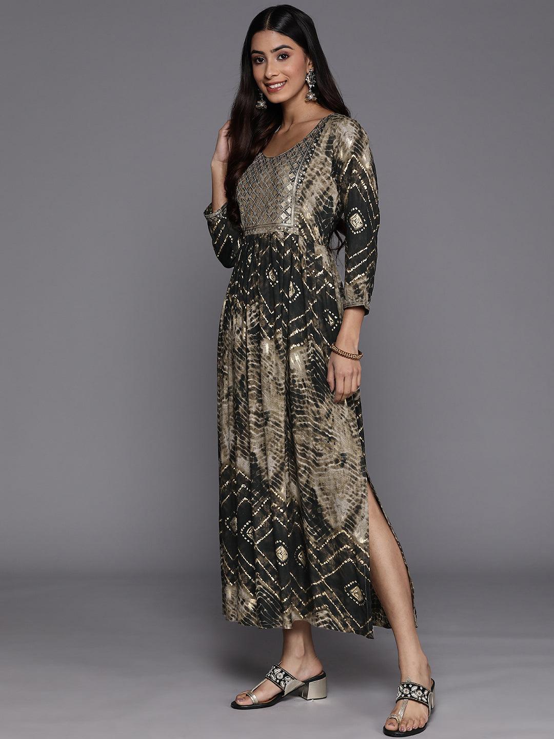 Olive Printed Fit and Flare Rayon Dress