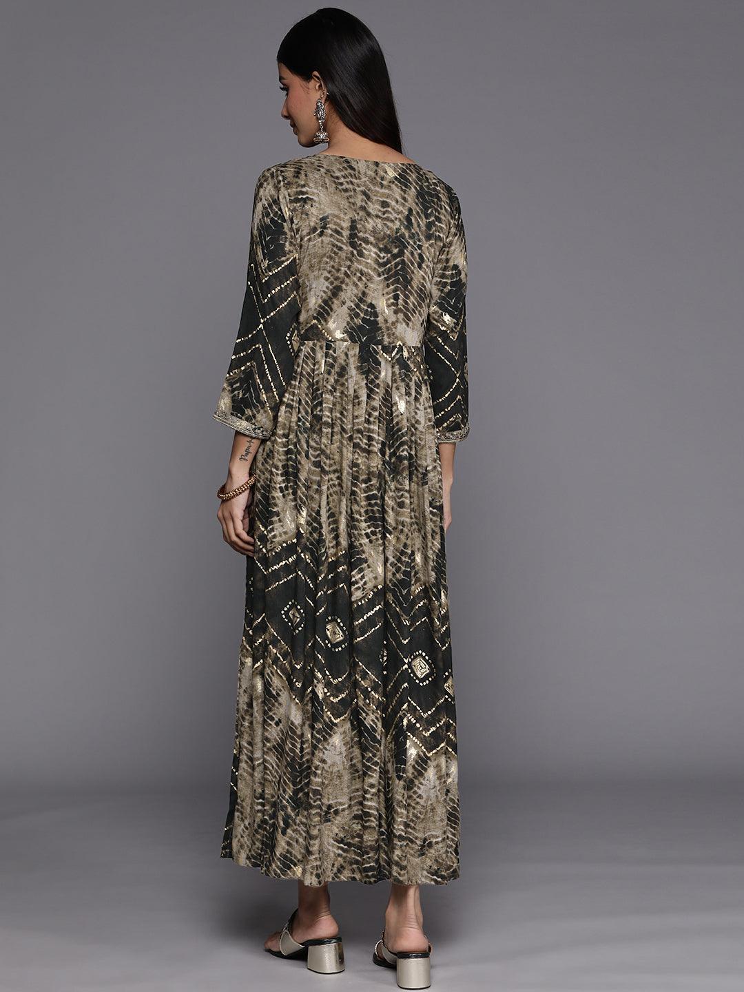 Olive Printed Fit and Flare Rayon Dress