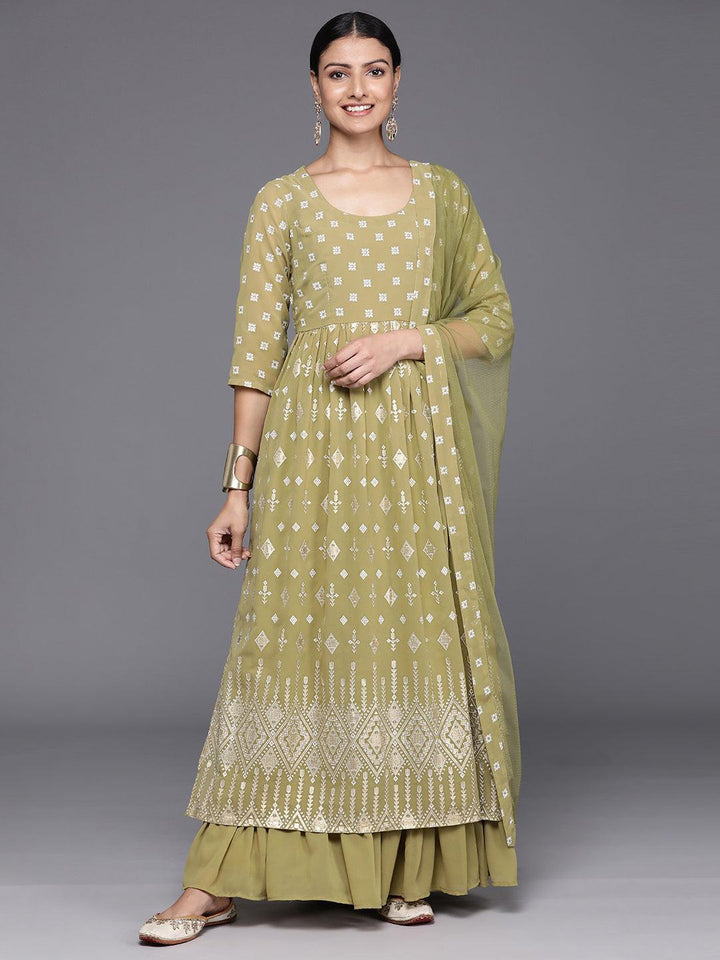 Olive Printed Georgette A-Line Kurta With Palazzos & Dupatta - Libas