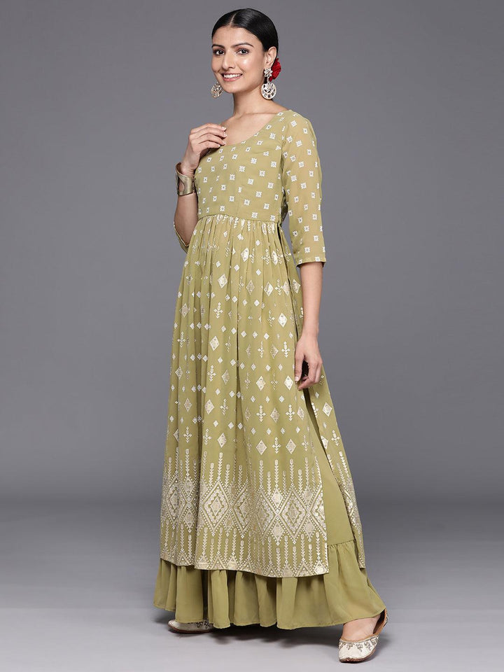 Olive Printed Georgette A-Line Kurta With Palazzos & Dupatta - Libas