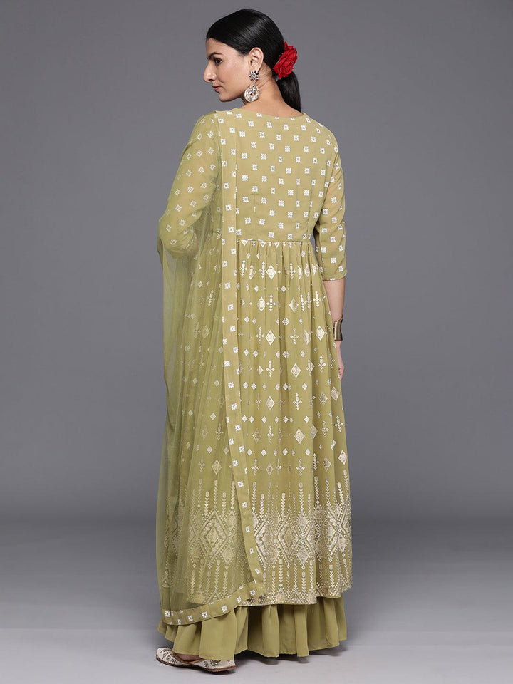 Olive Printed Georgette A-Line Kurta With Palazzos & Dupatta - Libas