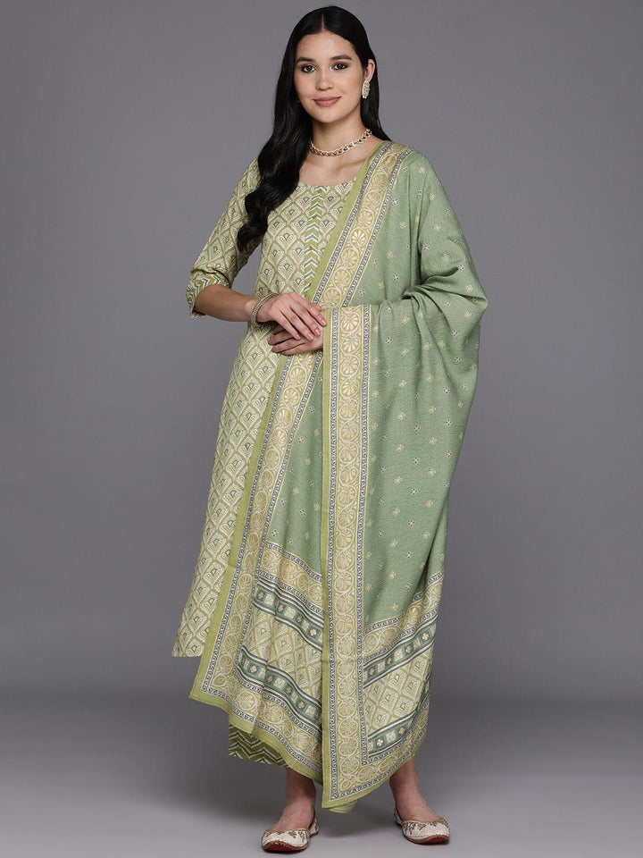 Olive Printed Rayon Straight Suit Set With Trousers - Libas