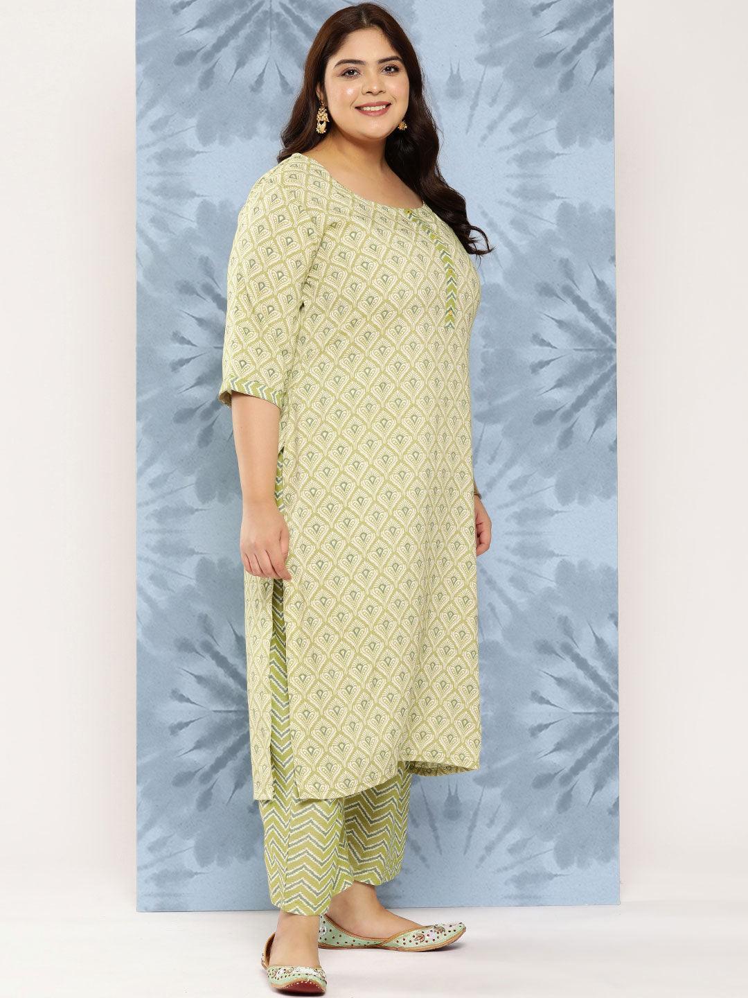 Olive Printed Rayon Straight Kurta With Trousers and Dupatta - Libas