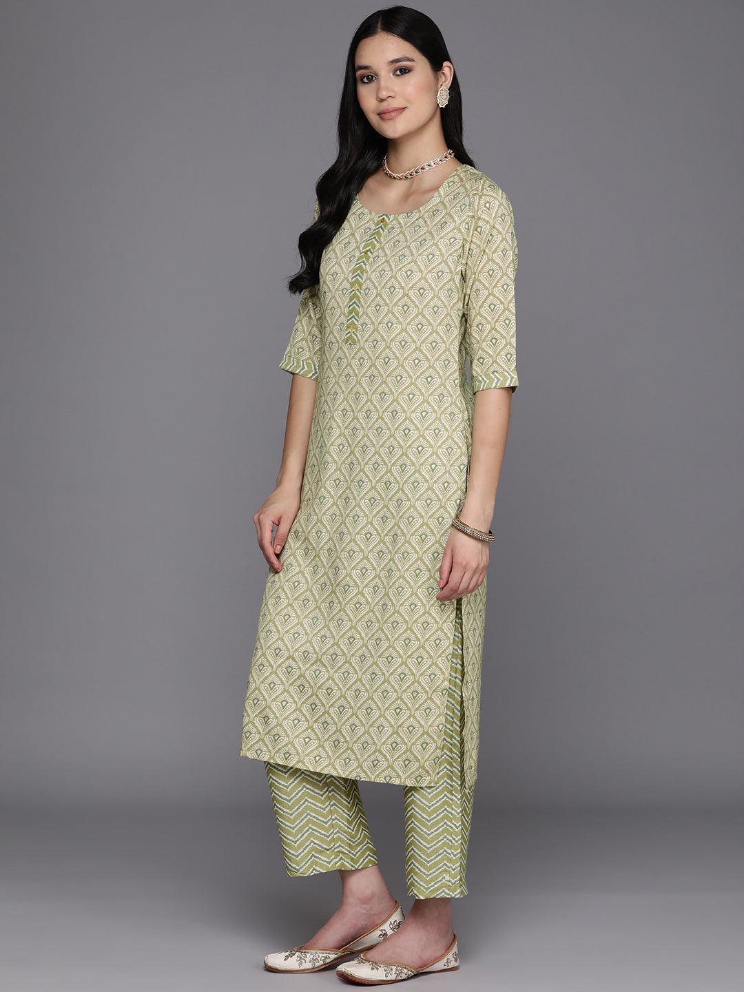 Olive Printed Rayon Straight Kurta With Trousers & Dupatta