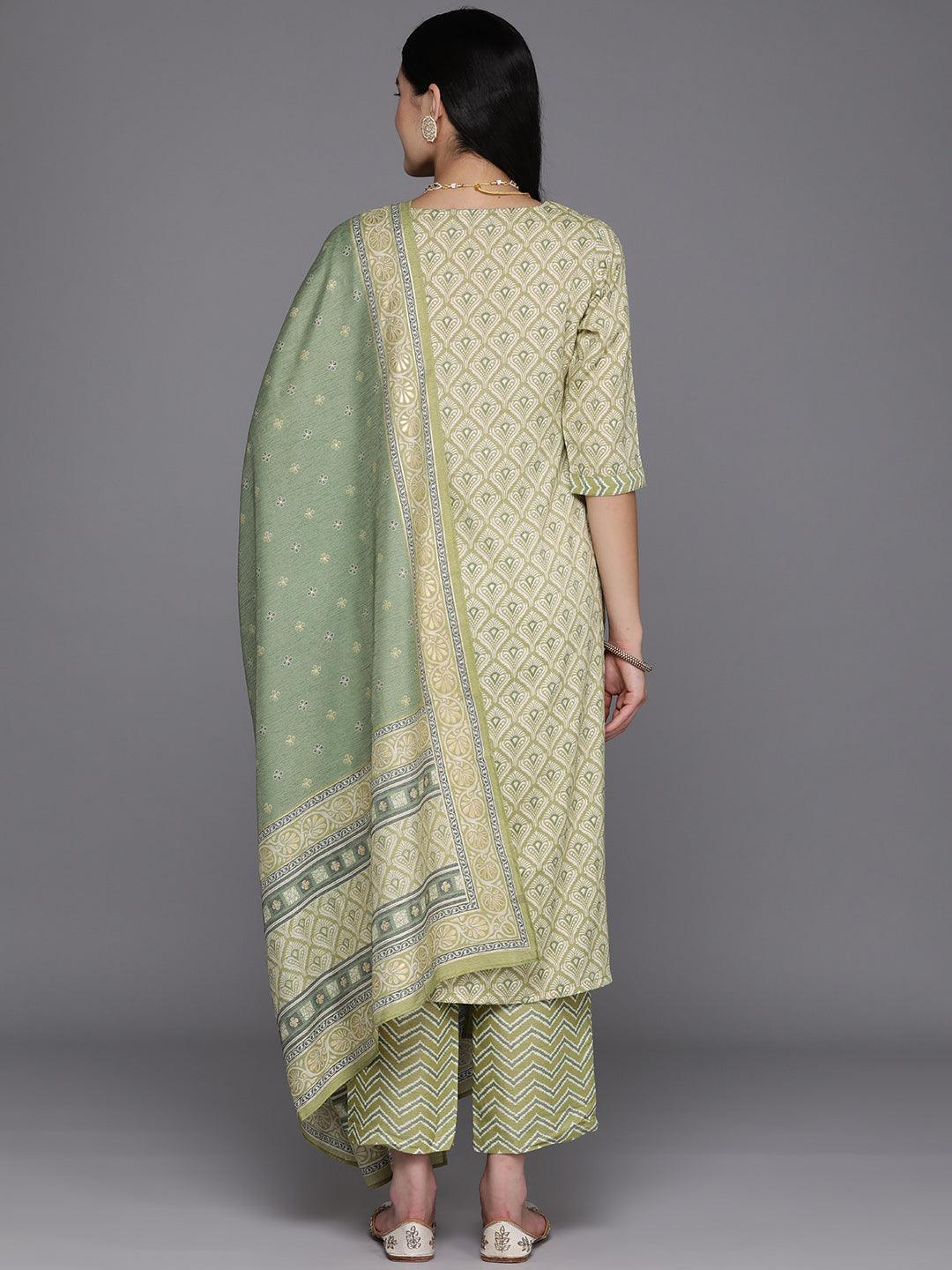 Olive Printed Rayon Straight Suit Set With Trousers - Libas