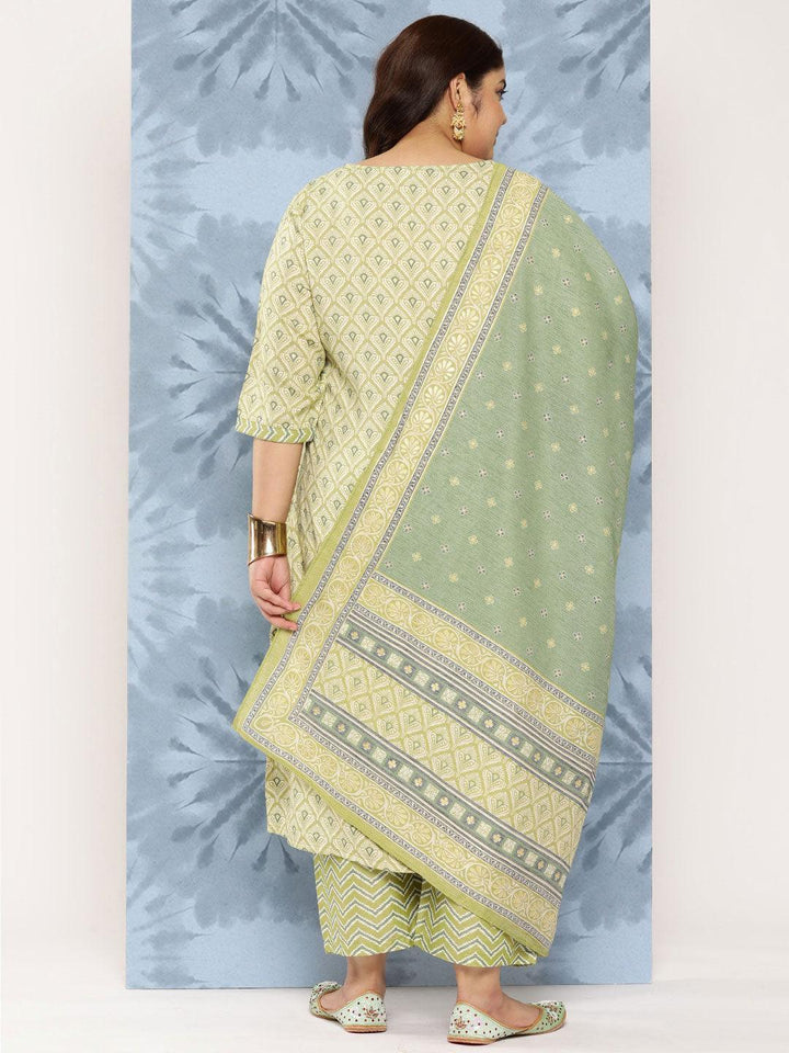 Olive Printed Rayon Straight Kurta With Trousers and Dupatta - Libas