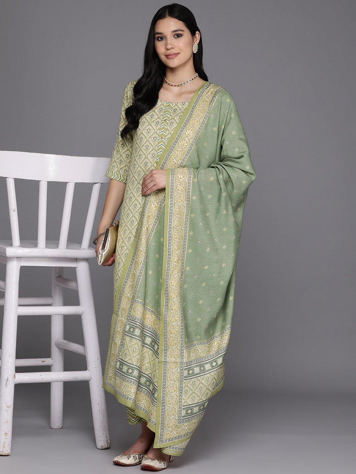 Olive Printed Rayon Straight Suit Set With Trousers - Libas