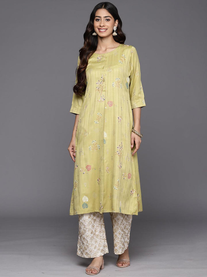 Olive Printed Silk A-Line Kurta - ShopLibas