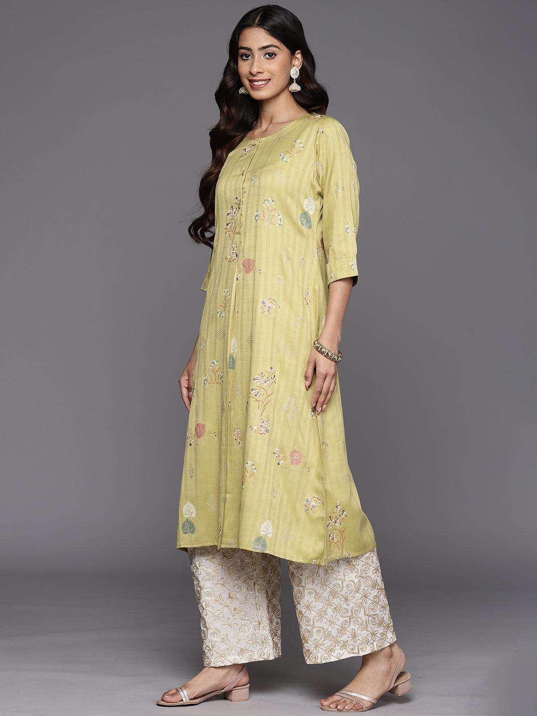 Olive Printed Silk A-Line Kurta - ShopLibas