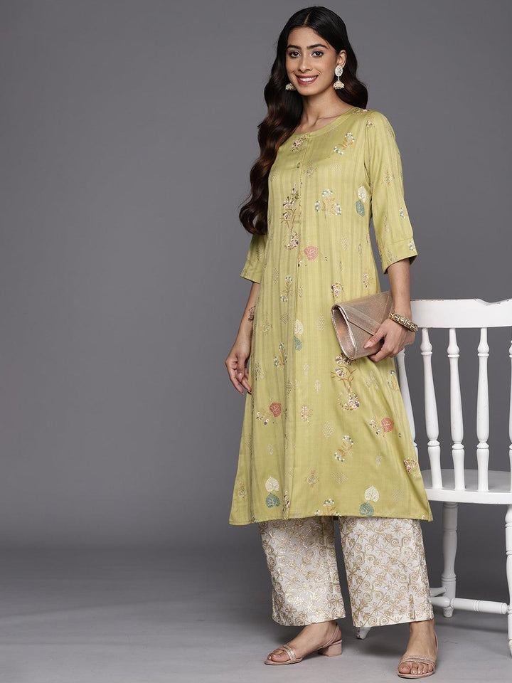 Olive Printed Silk A-Line Kurta - ShopLibas