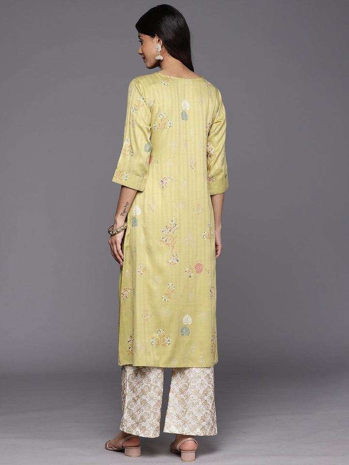 Olive Printed Silk A-Line Kurta - ShopLibas