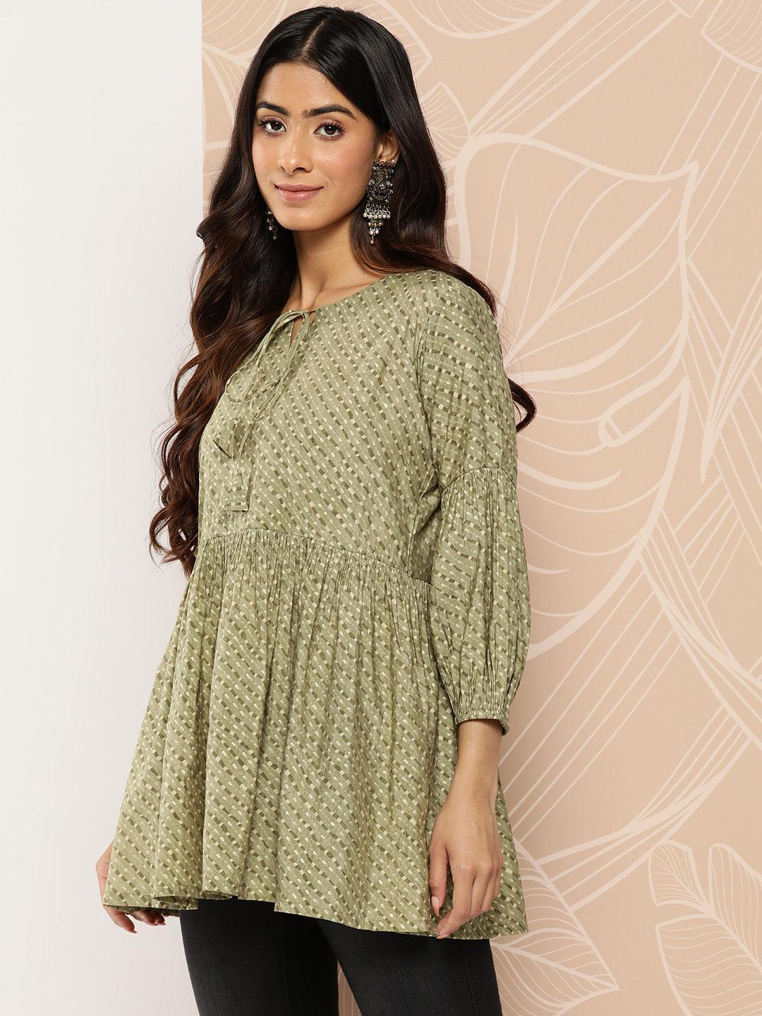 Olive Printed Silk Blend A-Line Kurti