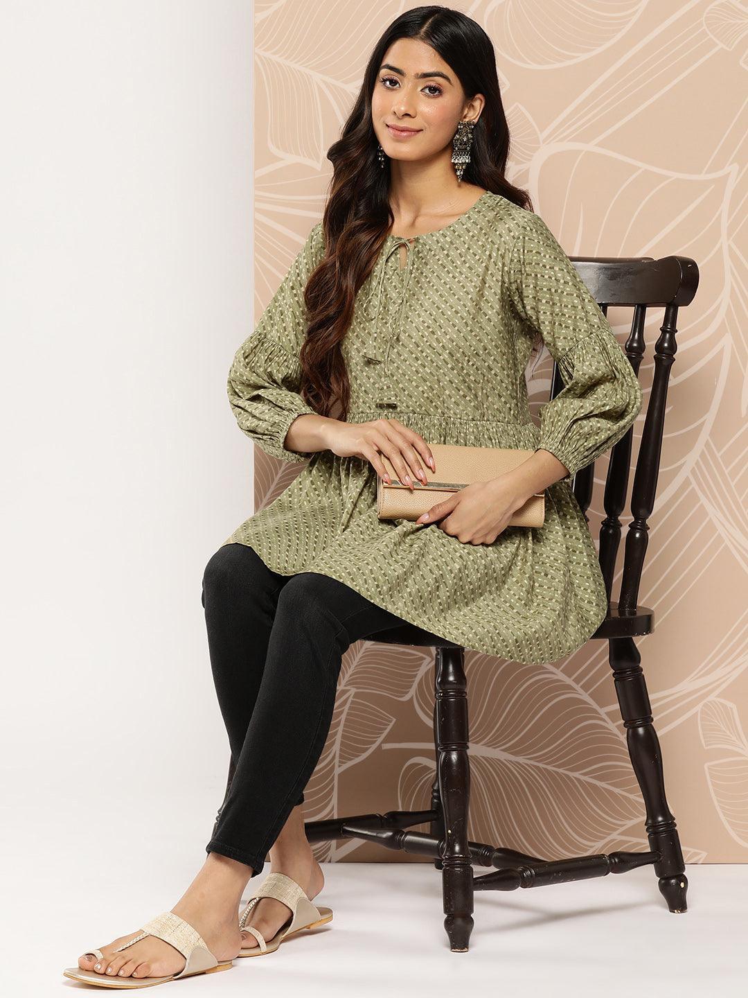 Olive Printed Silk Blend A-Line Kurti