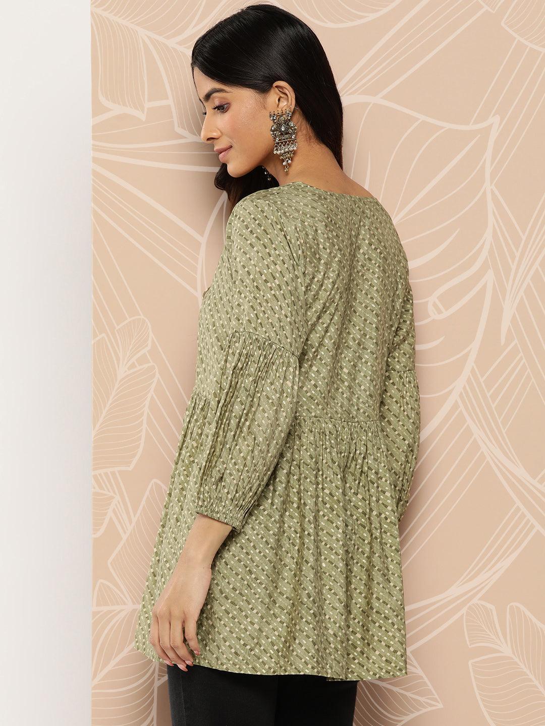 Olive Printed Silk Blend A-Line Kurti