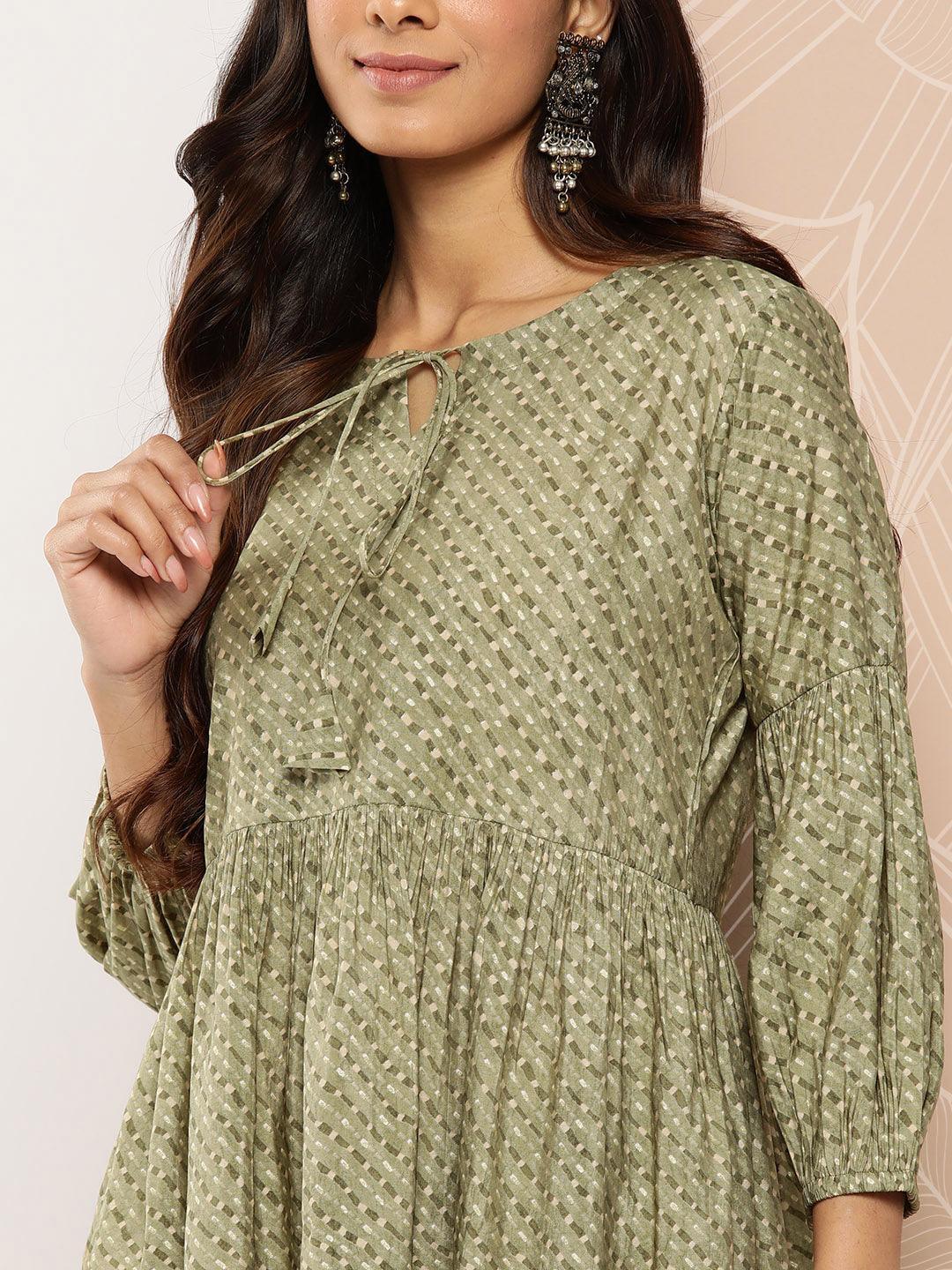 Olive Printed Silk Blend A-Line Kurti