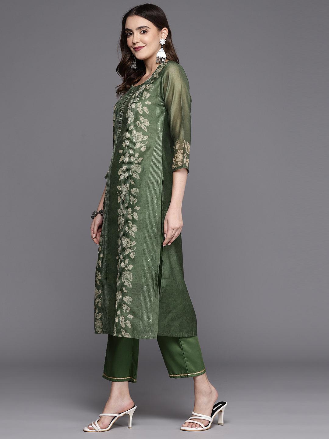 Olive Printed Silk Blend Straight Kurta With Trousers