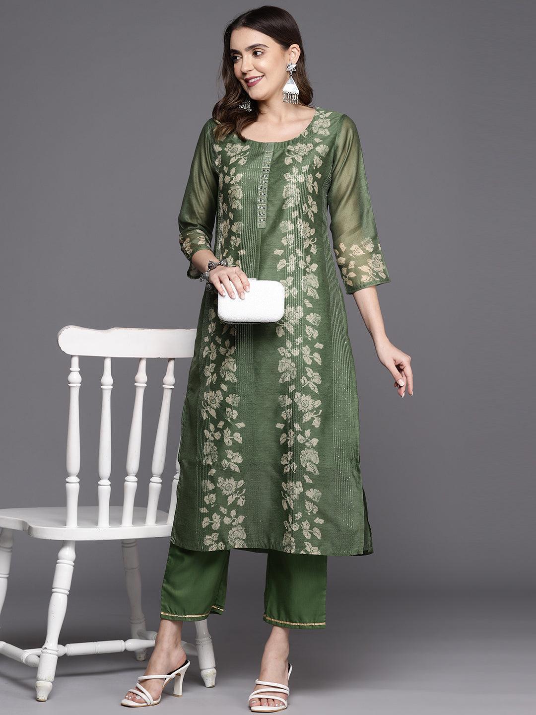 Olive Printed Silk Blend Straight Kurta With Trousers