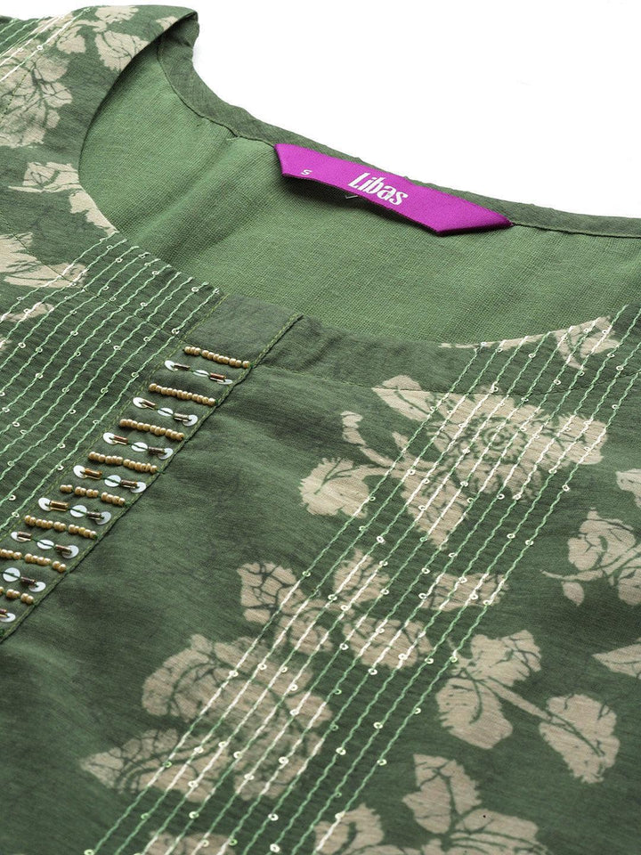 Olive Printed Silk Blend Straight Kurta With Trousers - Libas