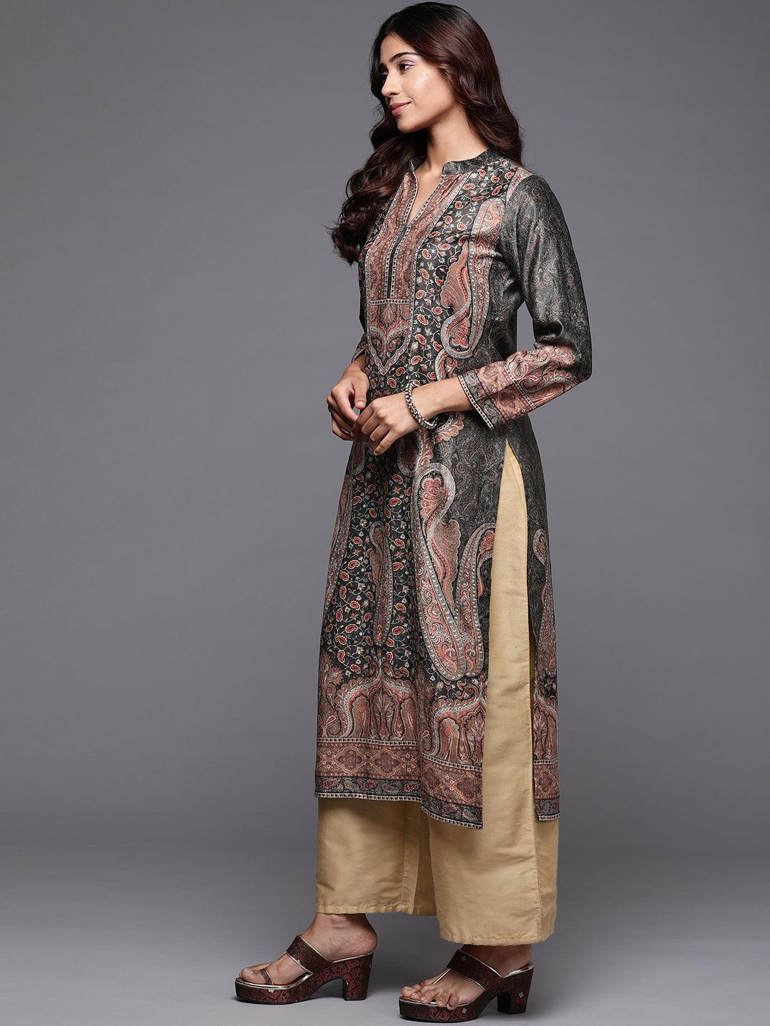 Olive Printed Velvet Straight Kurta