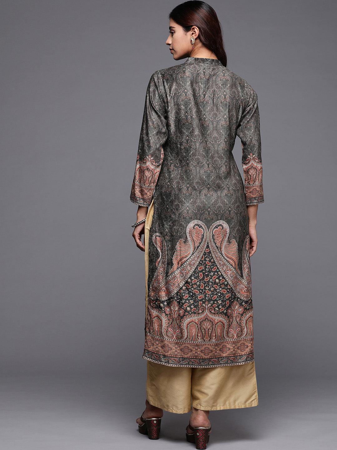 Olive Printed Velvet Straight Kurta - Libas