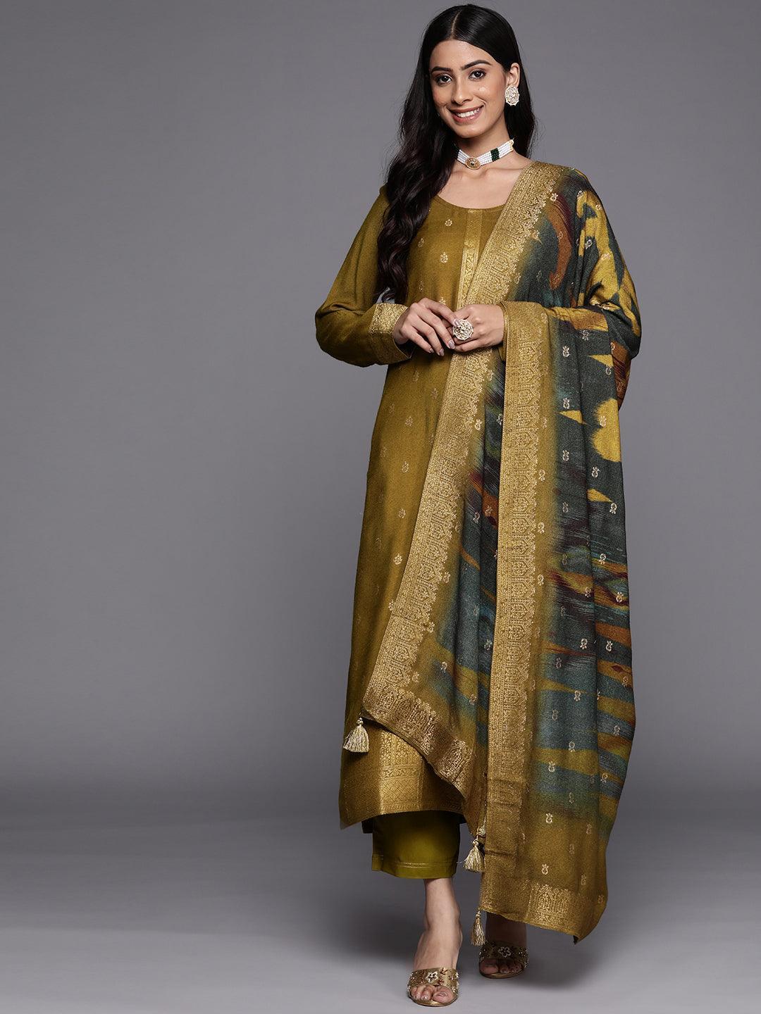 Olive Self Design Pashmina Wool Straight Suit Set