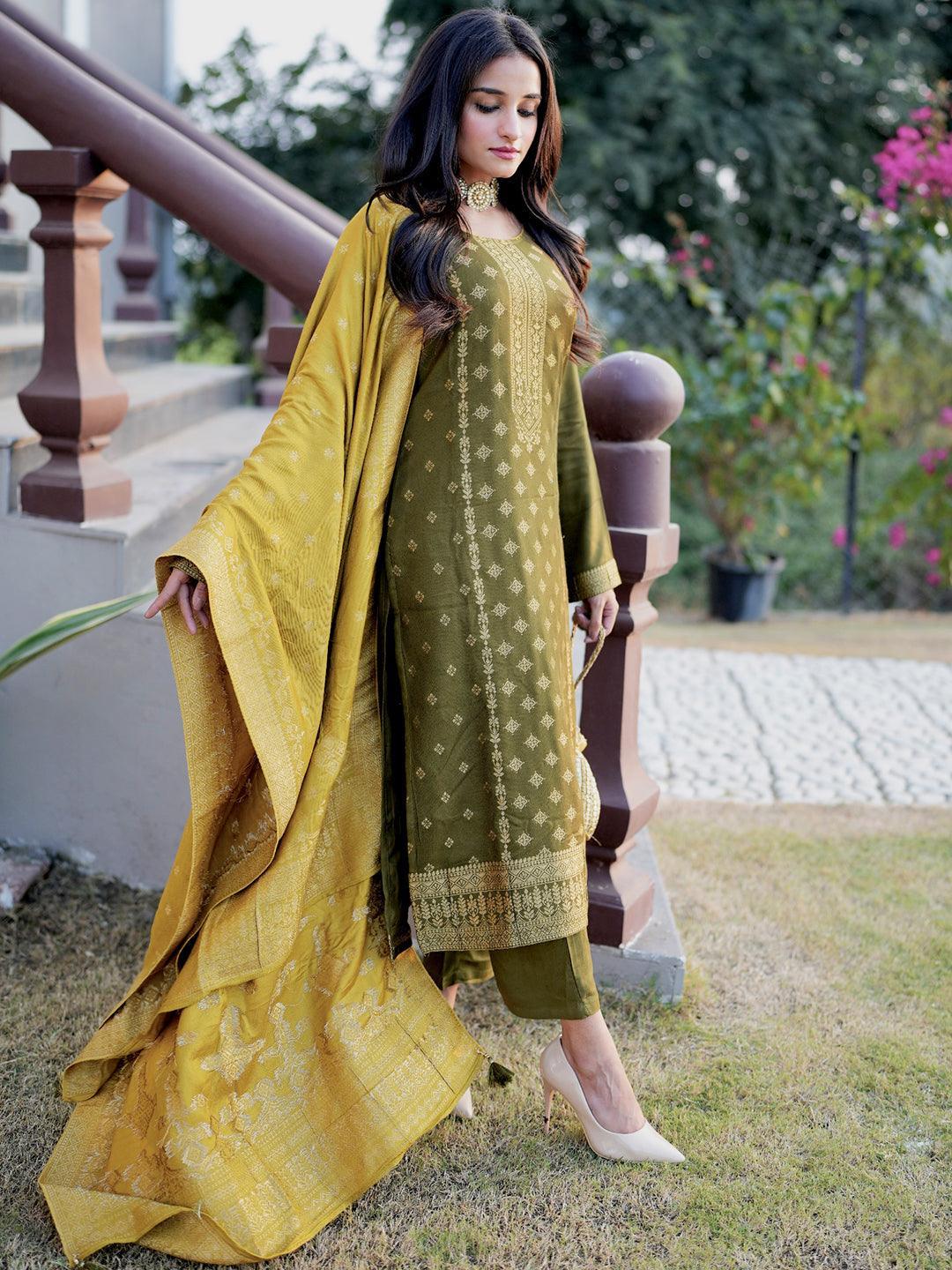 Olive Self Design Pashmina Wool Straight Suit Set