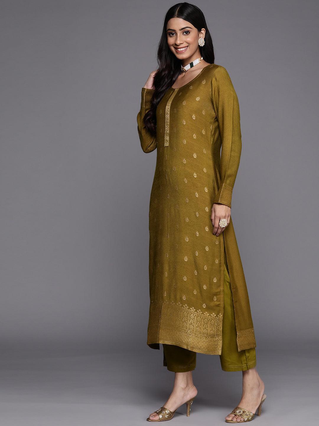 Olive Self Design Pashmina Wool Straight Suit Set