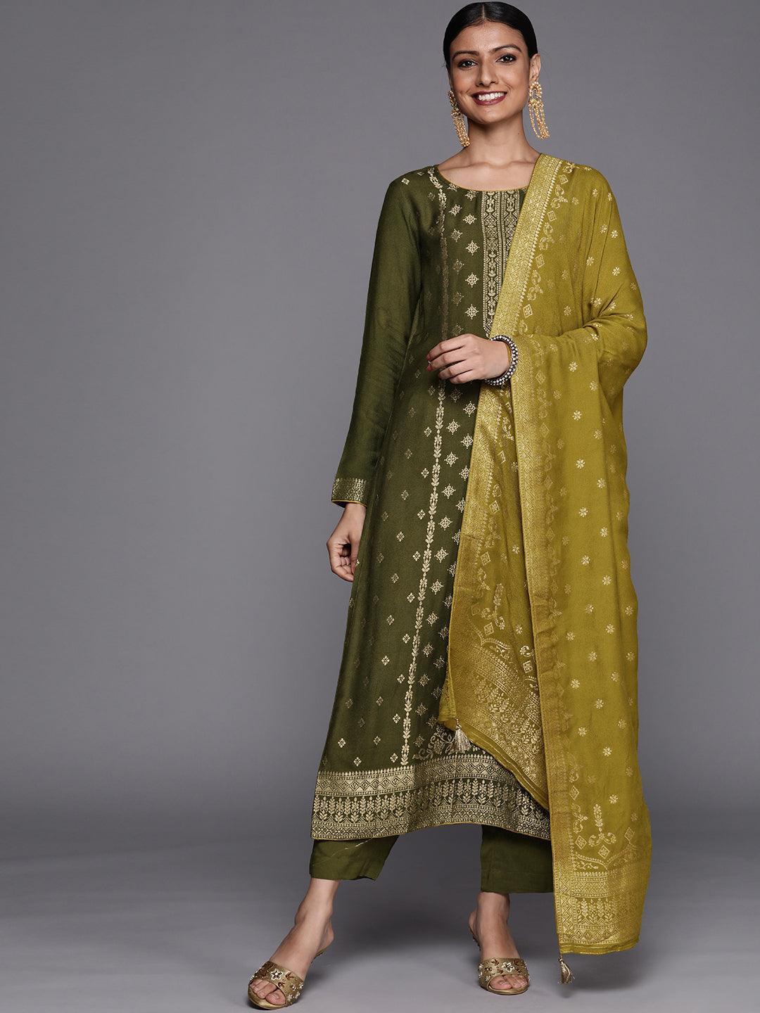 Olive Self Design Pashmina Wool Straight Suit Set