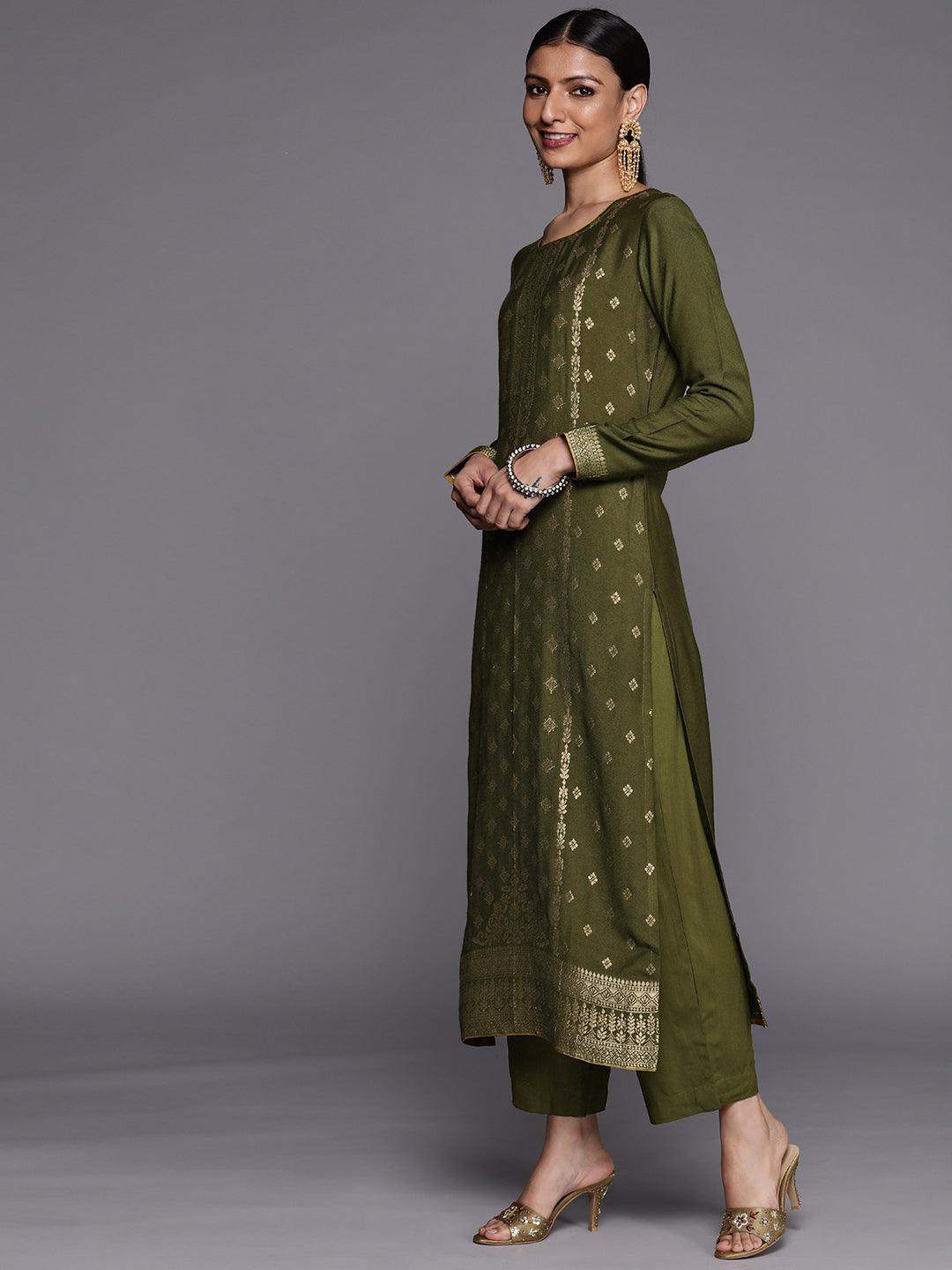 Olive Self Design Pashmina Wool Straight Suit Set