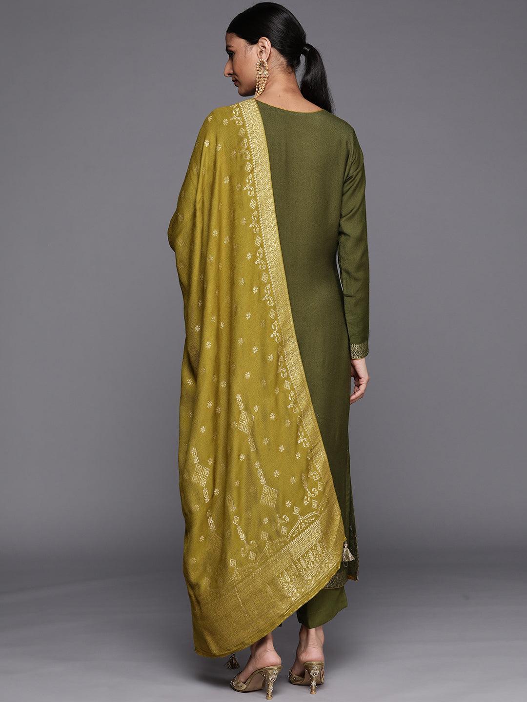 Olive Self Design Pashmina Wool Straight Suit Set