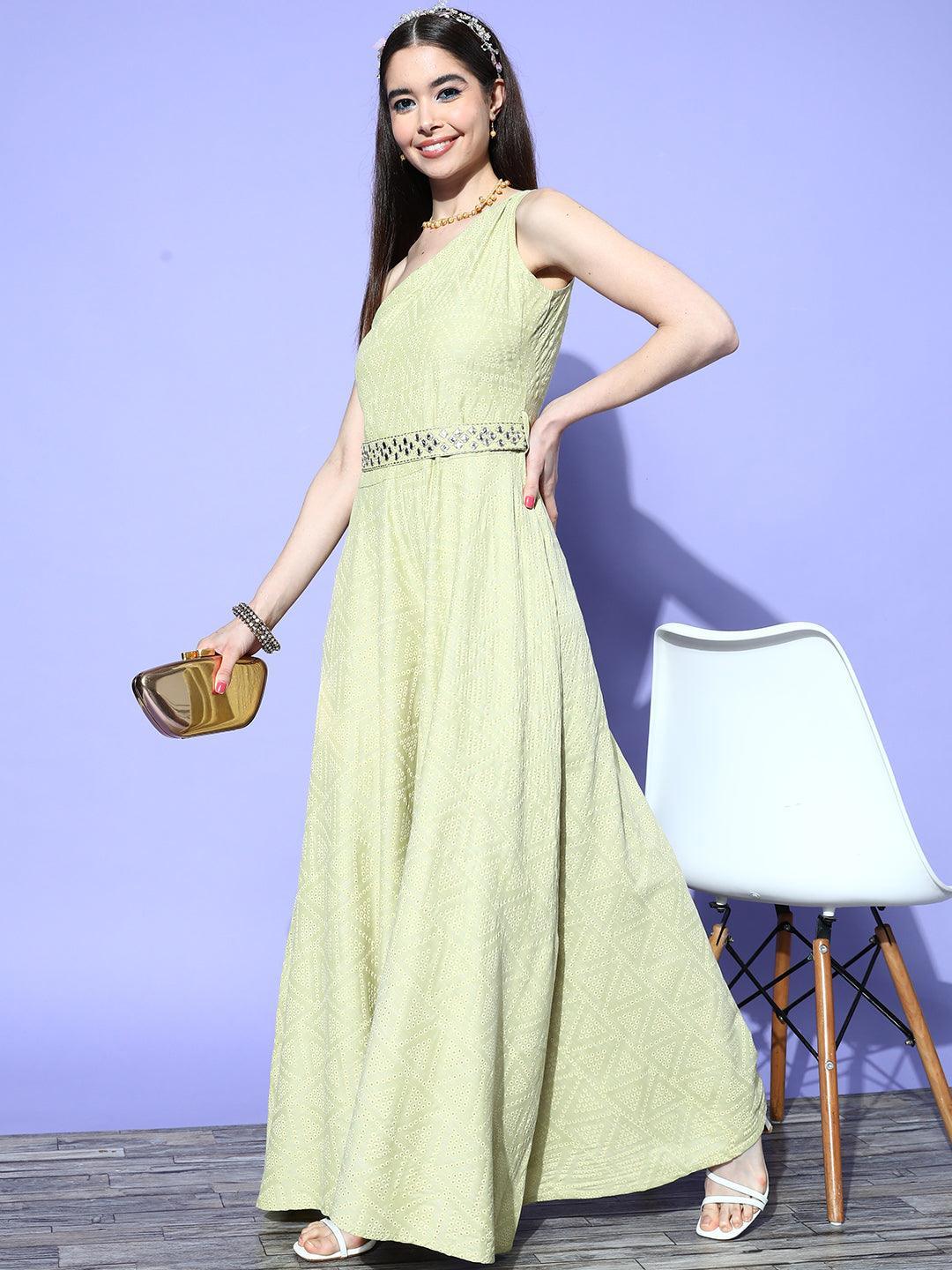 Olive Self Design Silk Jumpsuit