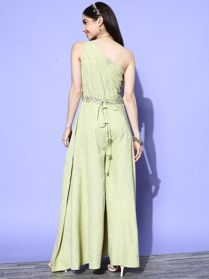 Olive Self Design Silk Jumpsuit - ShopLibas