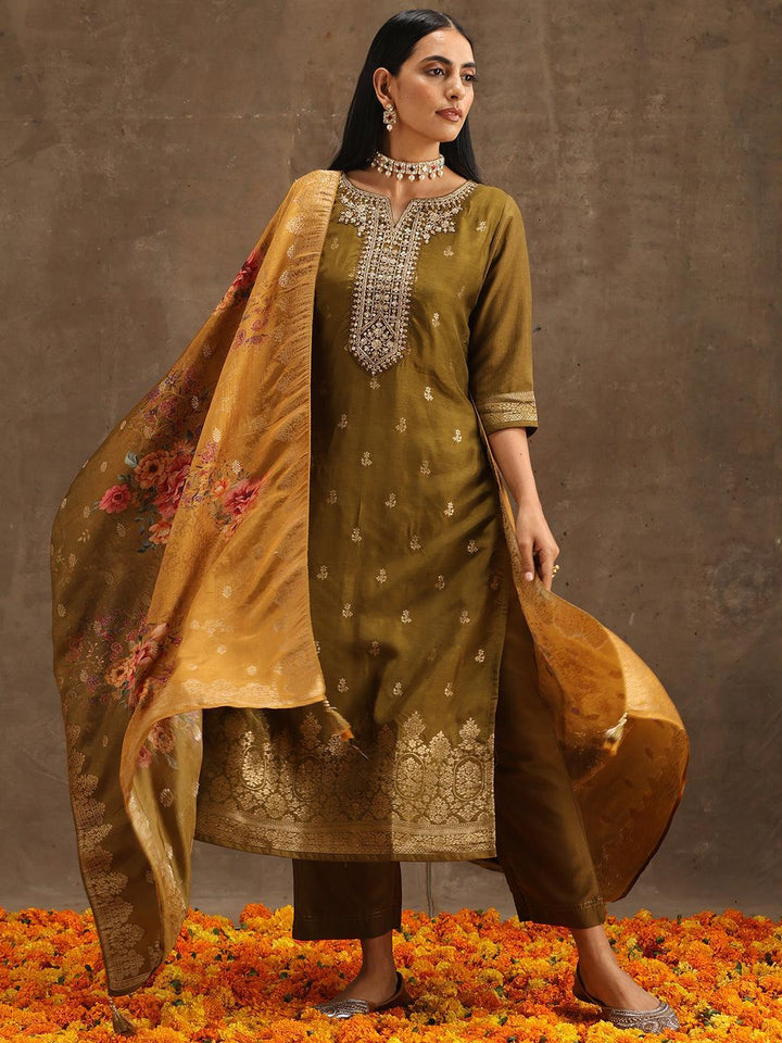 Olive Self Design Silk Suit Set With Trousers - ShopLibas