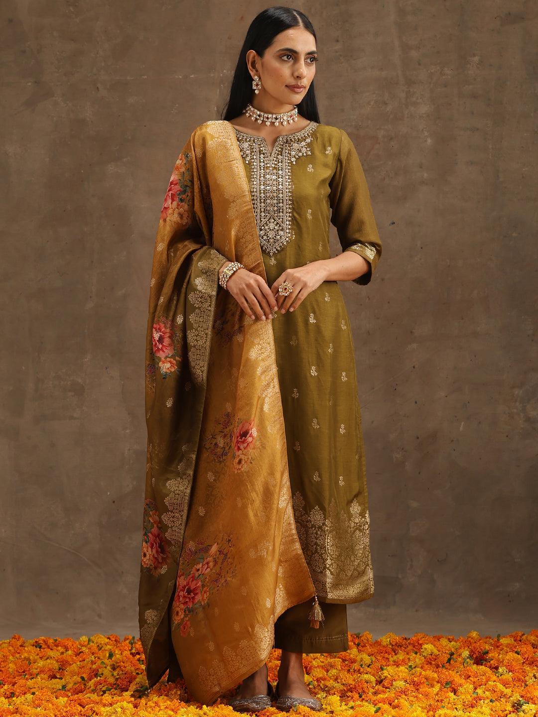 Olive Self Design Silk Suit Set With Trousers - ShopLibas