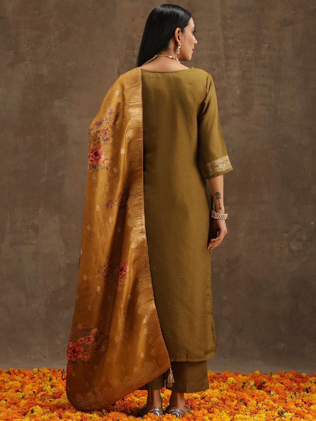 Olive Self Design Silk Suit Set With Trousers - ShopLibas