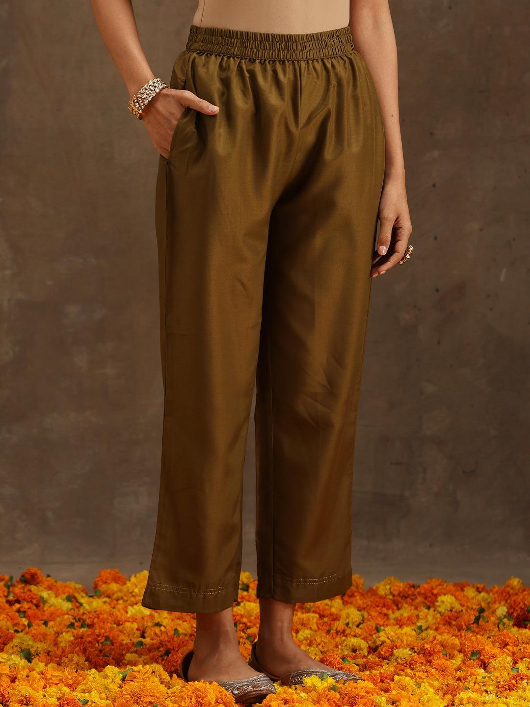 Olive Self Design Silk Suit Set With Trousers - ShopLibas