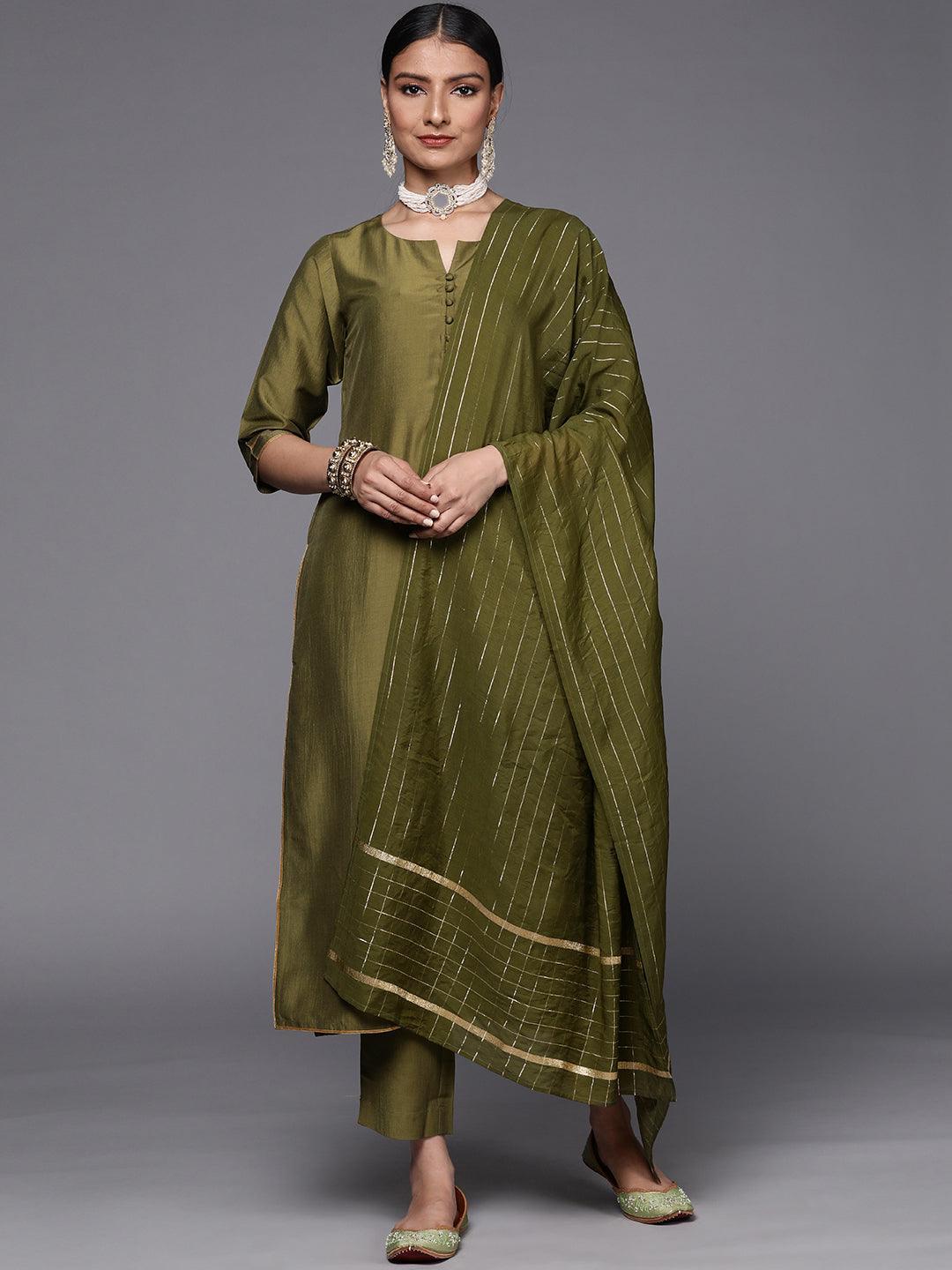 Olive Solid Silk Blend Straight Suit Set