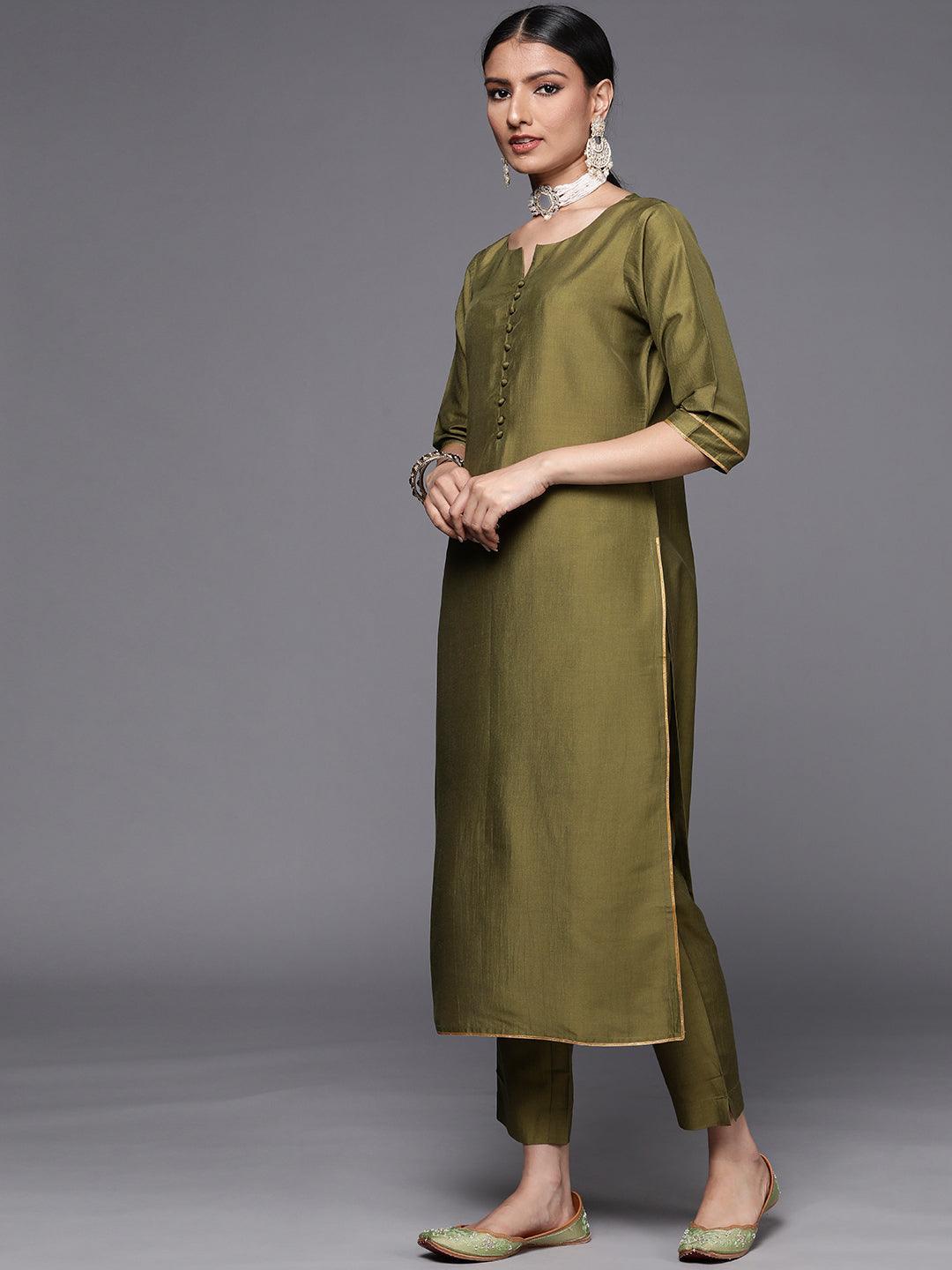 Olive Solid Silk Blend Straight Suit Set - ShopLibas