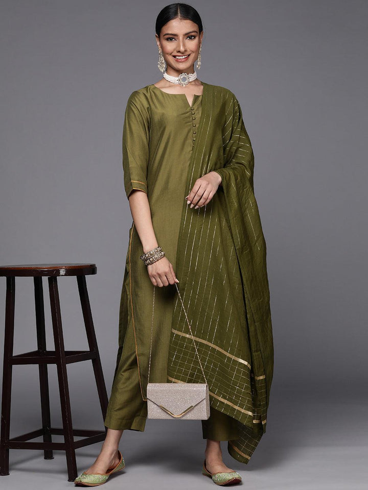 Olive Solid Silk Blend Straight Suit Set - ShopLibas