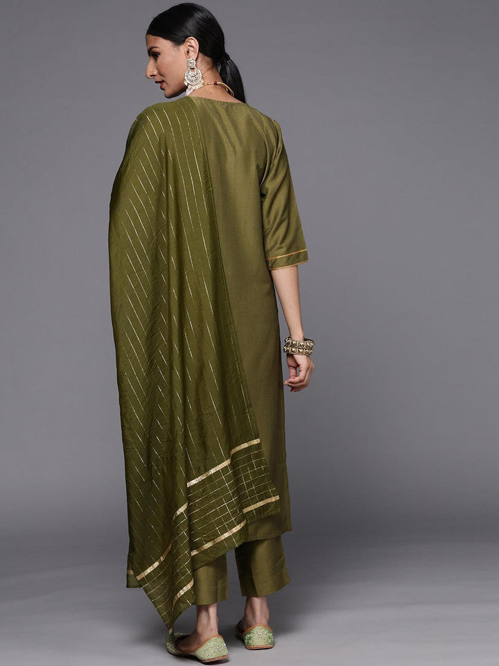 Olive Solid Silk Blend Straight Suit Set - ShopLibas