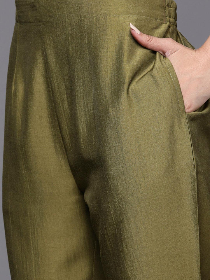 Olive Solid Silk Blend Straight Suit Set - ShopLibas