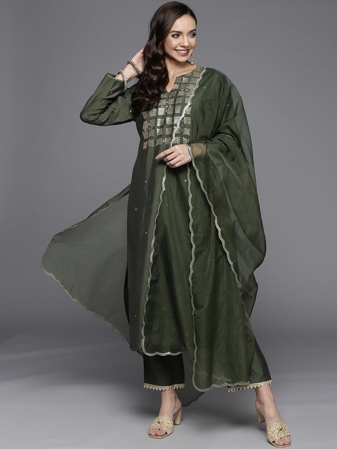 Olive Yoke Design Chanderi Silk Straight Suit Set