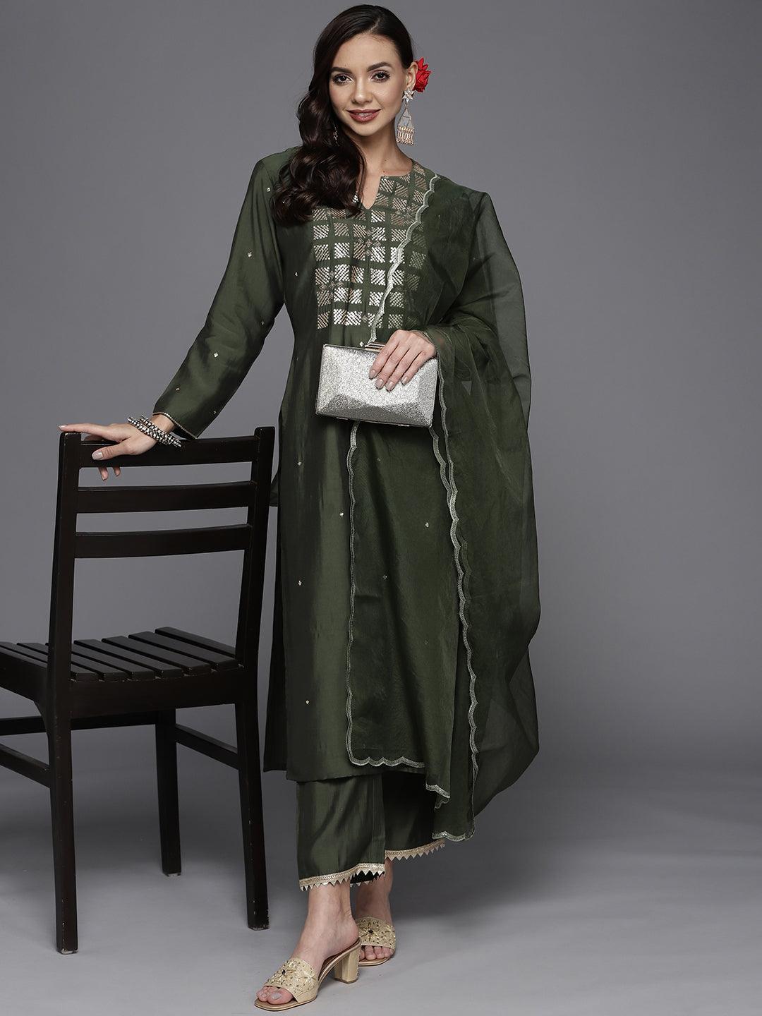 Olive Yoke Design Chanderi Silk Straight Suit Set - ShopLibas