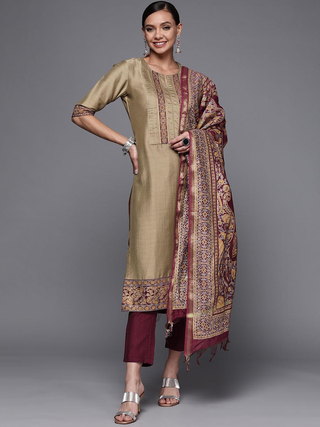 Olive Yoke Design Silk Blend Straight Suit Set