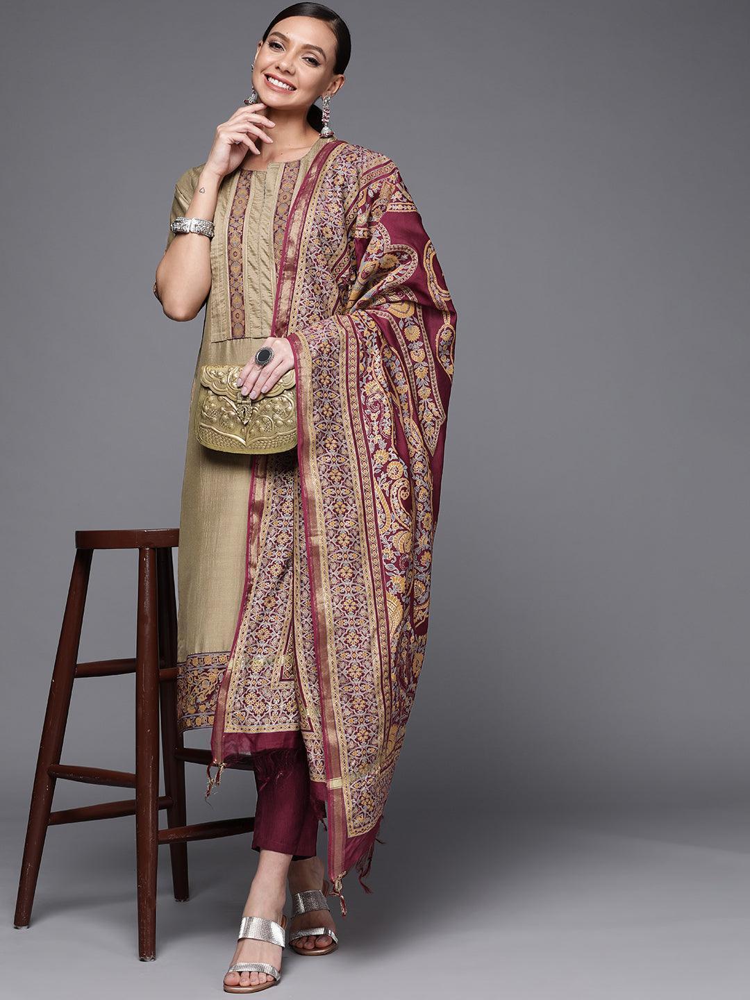 Olive Yoke Design Silk Blend Straight Suit Set