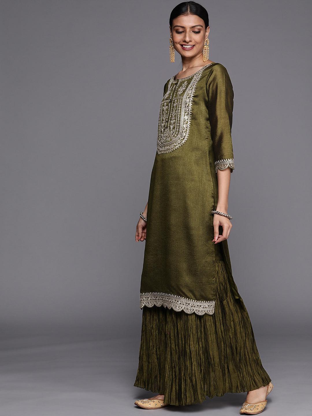 Olive Yoke Design Silk Blend Straight Suit Set - ShopLibas