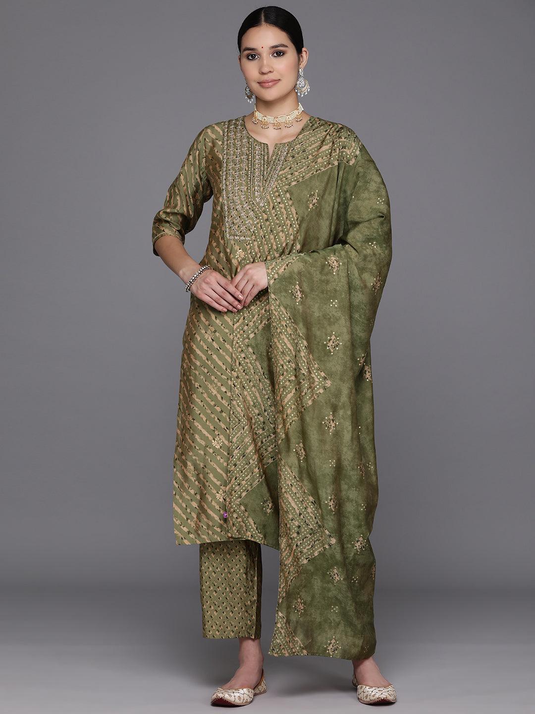 Olive Yoke Design Silk Blend Straight Kurta With Trousers & Dupatta