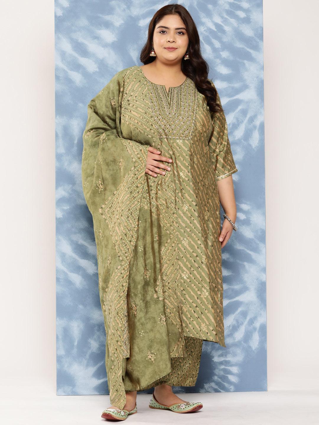 Olive Yoke Design Silk Blend Straight Kurta With Trousers and Dupatta - Libas