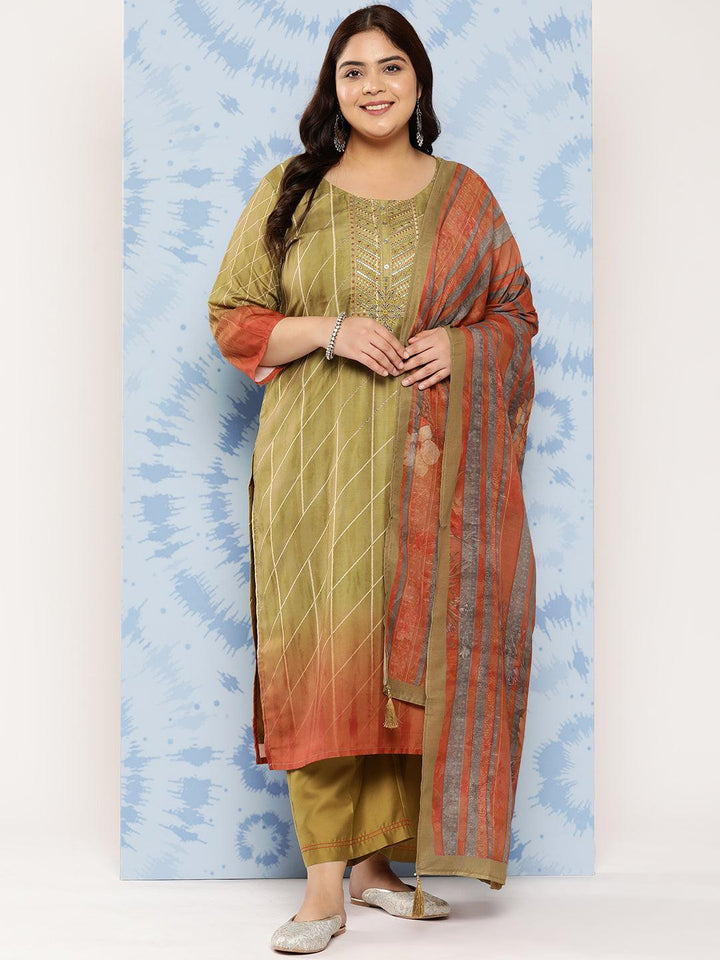 Olive Yoke Design Silk Blend Straight Kurta With Trousers and Dupatta - Libas