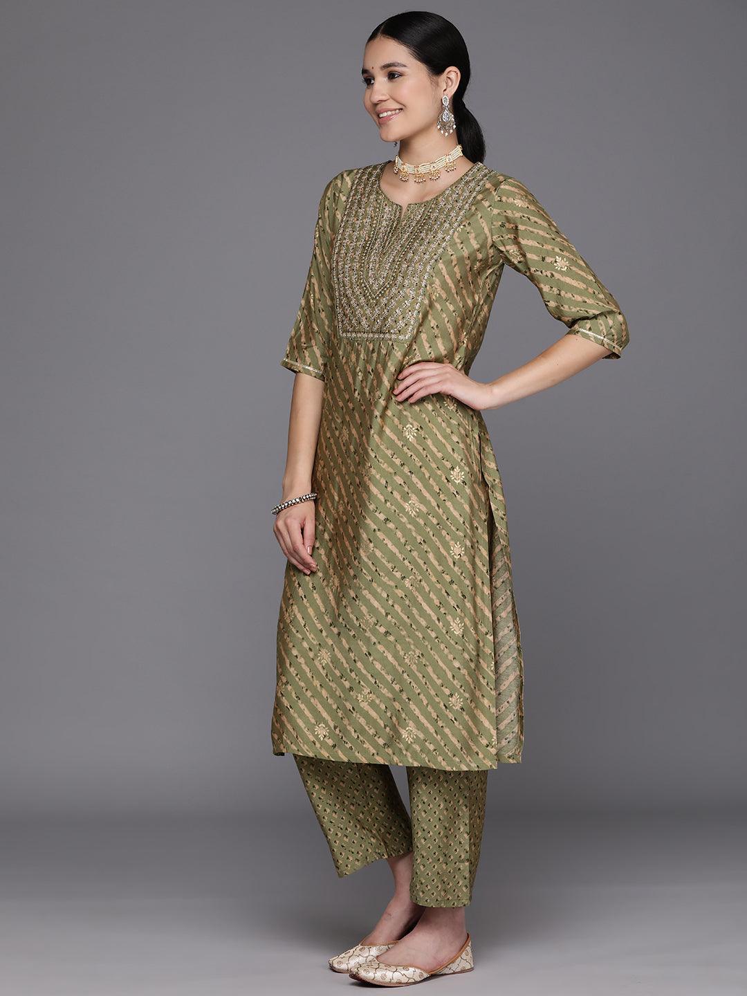 Olive Yoke Design Silk Blend Straight Kurta With Trousers & Dupatta